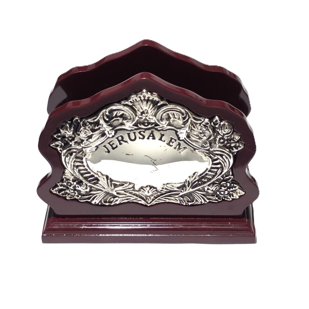 Jerusalem Napkin Holder Ornate Wood & Silver Plate Table Decor Made in Israel